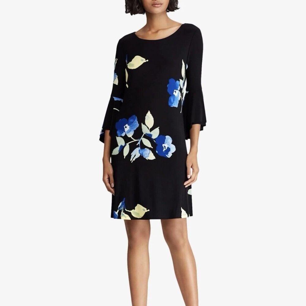 NWT Ralph Lauren Blue Floral Black 3/4 Bell Sleeve Stretch Dress Size 8